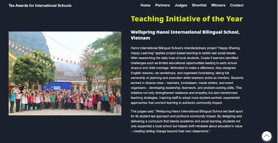 Trường Wellspring Hanoi đạt giải thưởng quốc tế hạng mục “Teaching Initiative of the Year – Sáng kiến Giảng dạy Xuất sắc nhất năm” tại Tes Awards for International Schools 2025. Picture1