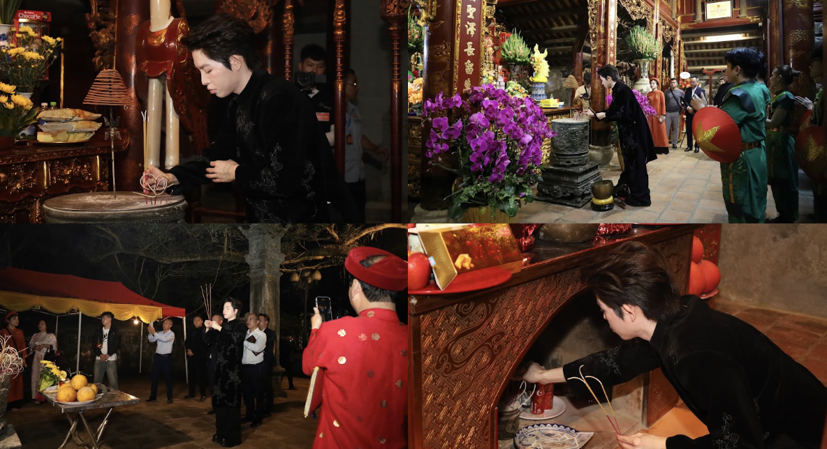 Ca sĩ Đức Phúc cầu nguyện tại các chùa, đền trong Khu di tích đền Sóc trước giờ diễn.