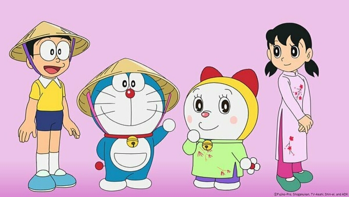 Các nhân vật đội nón lá, mặc áo dài trong tập phim Doraemon về Việt Nam. Ảnh: TV-Asahi