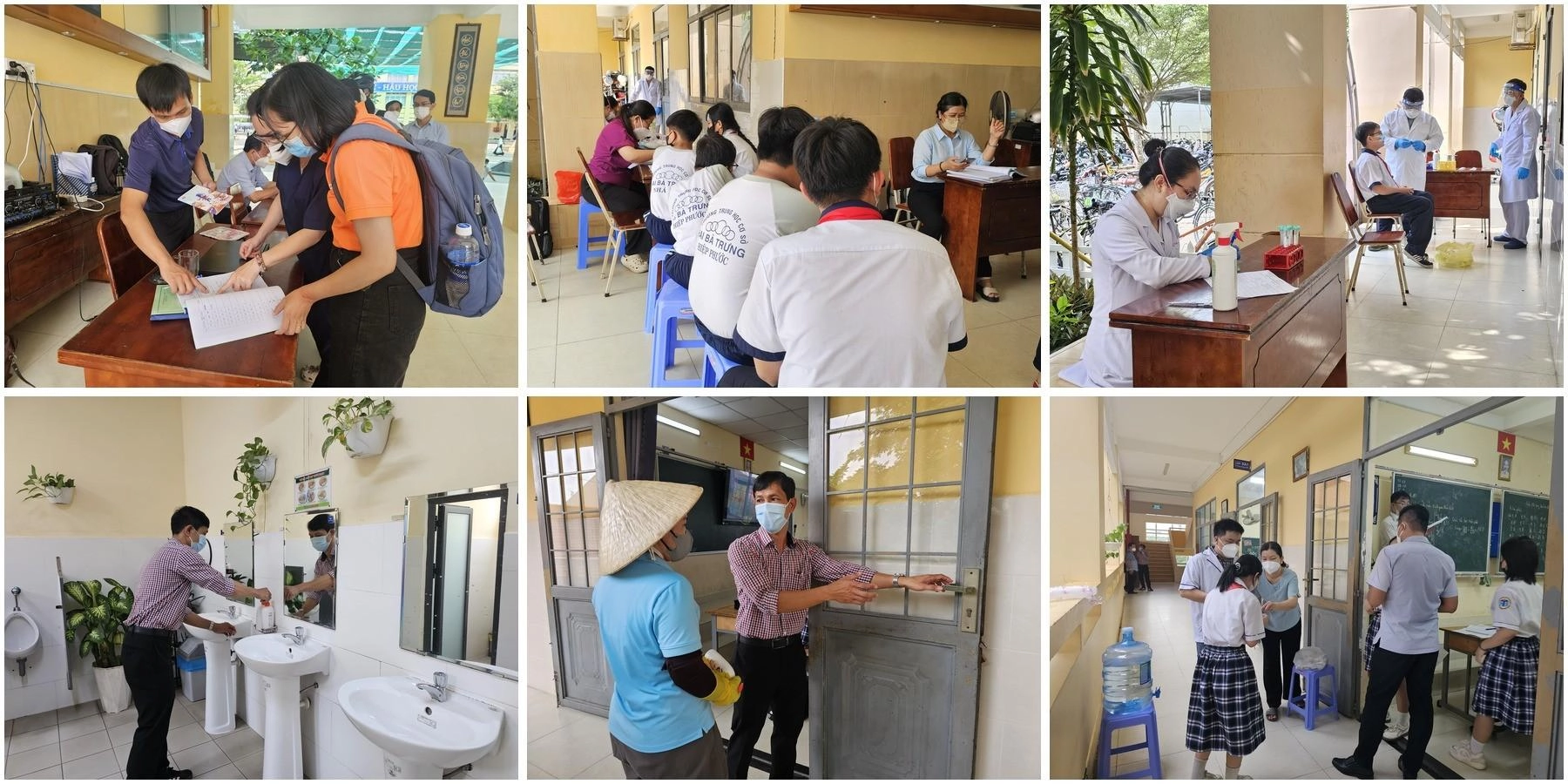 HCDC phối hợp Trạm Y tế xã Hiệp Phước và nhà trường triển khai điều tra dịch tễ, theo dõi người tiếp xúc, lấy mẫu xét nghiệm, hướng dẫn vệ sinh - khử khuẩn và các biện pháp dự phòng tại trường học. (Ảnh: Sở Y tế TP.HCM) bai viet 16-10