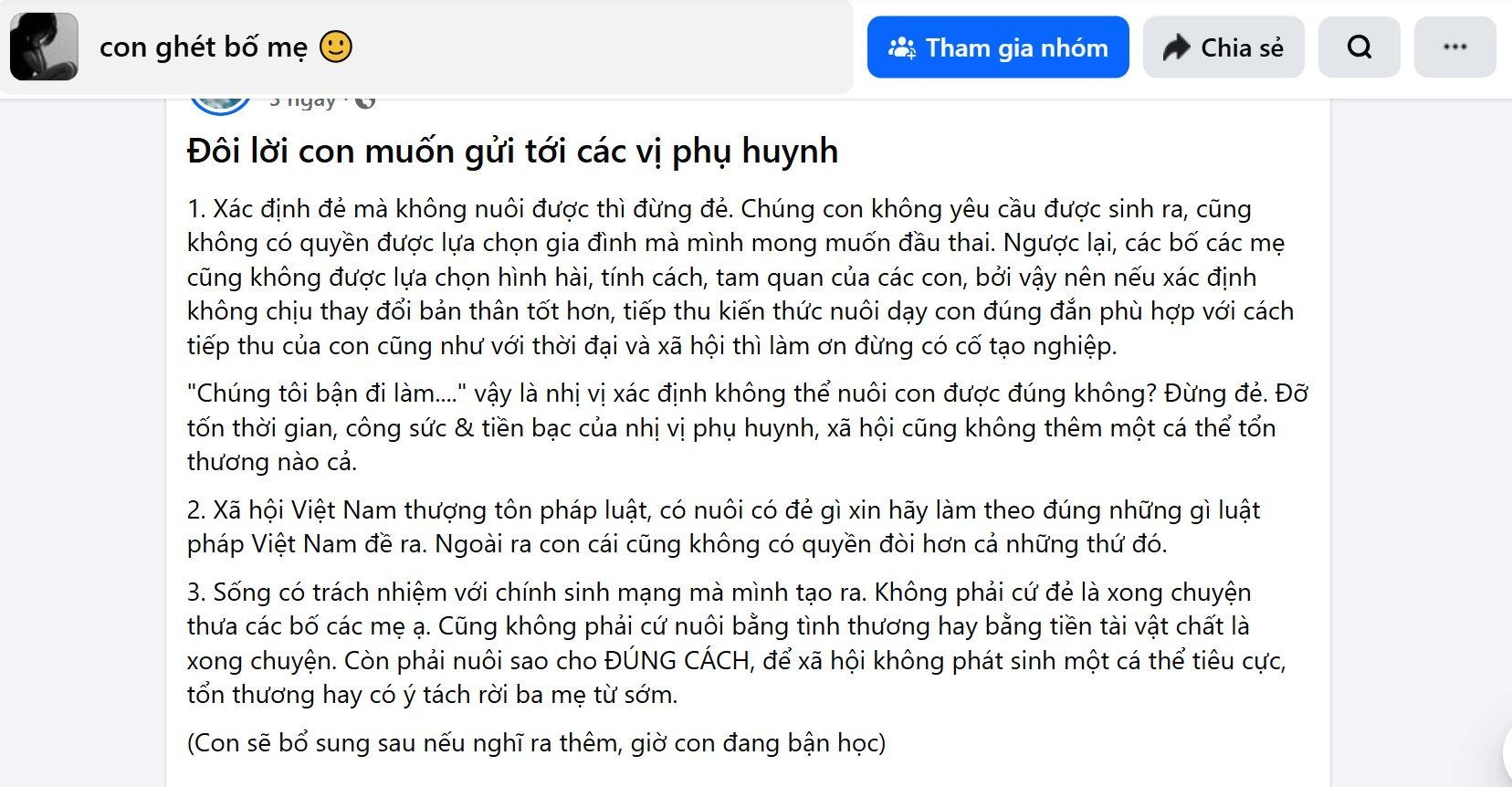 Trên nhóm GHÉT BỐ MẸ 1