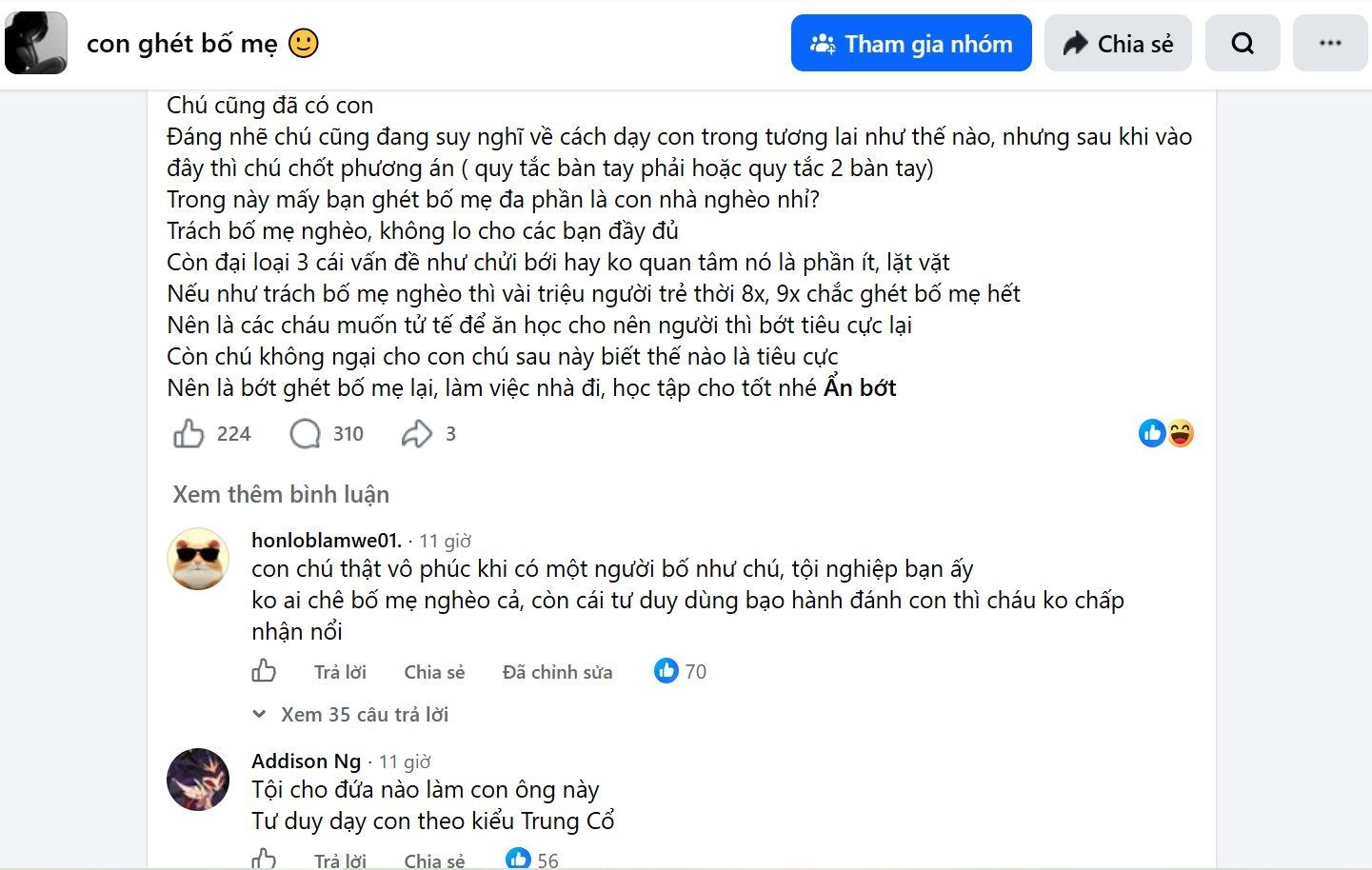 Trên nhóm GHÉT BỐ MẸ 3