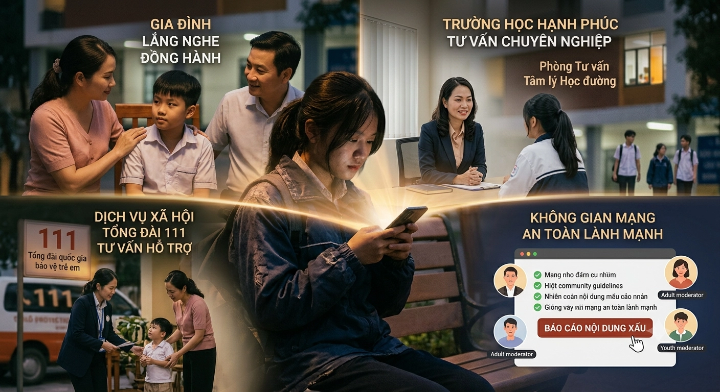 Từ gia đình, nhà trường, các dịch vụ xã hội đến chính không gian mạng đều phải cùng thực hiện trách nhiệm bảo vệ, đồng hành và định hướng trẻ. (Ảnh do AI tạo) GHÉT CHA MẸ
